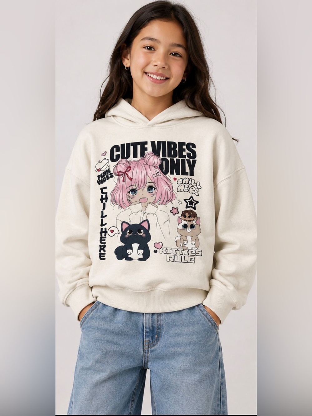 Zara Kids Anime Cat Graphic Hoodie Cream Size 11-12 Years 152 cm
